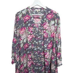 Umgee Floral Tunic Mini Dress Gray Pink Boho Cottagecore Small